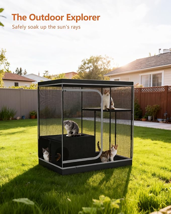 DINMO Large Cat Cage, Cat Enclosure Indoor with Litter Box, Cat Playpen for Adult Cats, Kittens & Small Animals, Multi-Level Kennel, Pet Playpen with Waterproof Floor, Black