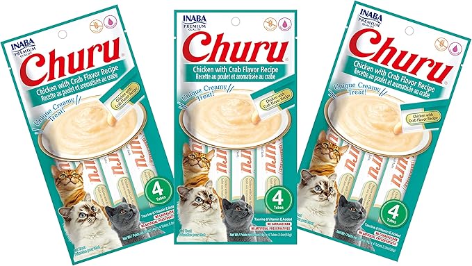INABA Churu Cat Treats, Grain-Free, Lickable, Squeezable Creamy Purée Cat Treat/Topper with Vitamin E & Taurine, 0.5 Ounces Each Tube, 12 Tubes (4 per Pack), Chicken with Crab Recipe