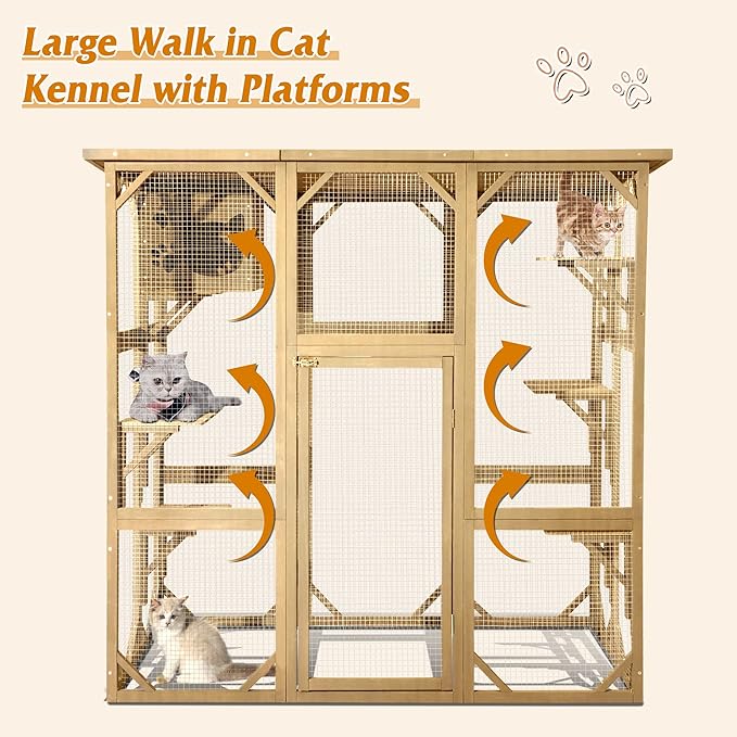 Grepatio Cat Enclosure Large Outdoor Catio Wooden Cat House with Weatherproof, Cat Cage Condo Indoor Playpen with Platform and Small House (Natural)