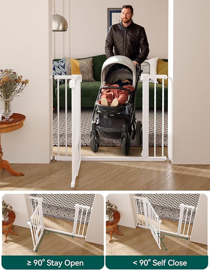 Babelio 29-48" Extra Wide Baby Gate with Adjustable Cat Door,Easy Install Pressure/Hardware Mounted,Auto Close Pet door for Stairs,House,Doorways,Effortless Walk Thru,White