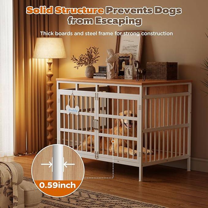 Extra Large Dog Crate Furniture, Heavy Duty Dog Kennel for Small Medium Large Dogs, Double Doors Indoor Decor Pet House Cage, Anti Escape Wooden Dog Cage with Name Tag End Table, TV Stand, Beige