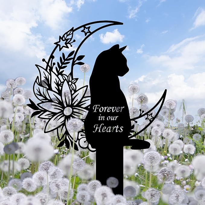 Cat Grave Marker Outdoor Memorial – 12in Metal Pet Memorial Plaque with Garden Moon Cat, Weatherproof Headstone for Yard or Indoor Tribute, Sympathy Gift for Loss of Pet