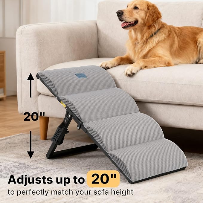 Veehoo Dog Ramp for Bed Couch Height Adjustable from 12" to 20", Foldable Stairs for Dogs to Get on Bed 17" Extra Wide, Portable Pet Doggie Steps Indoor with Non Slip Pad, Support up to 150 lbs