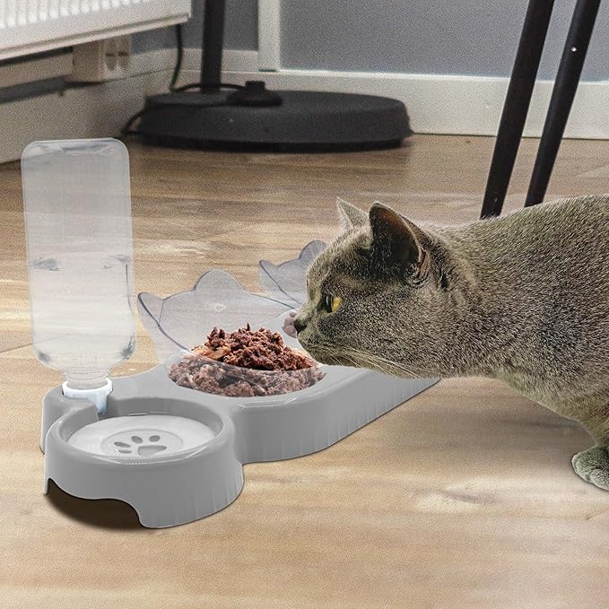 Triple Cat Bowls - 3-in-1 Water Feeder & Food Bowls with Automatic Water Bottle, Whisker Friendly, Elevated Feeding Dishes for Small Cats & Puppies (Lead White)