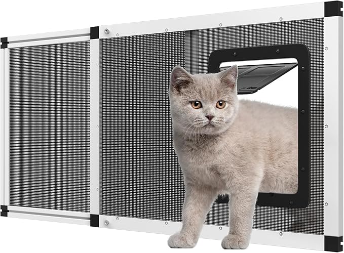 Ventilated Pet Door for Window, Fits 38"-44" Width Window, 2-Min Install | Aluminum Frame + Stainless Steel Mesh | Breathable Bug-Proof | Magnetic Closure Window Cat Door, Cat Door for Window Insert