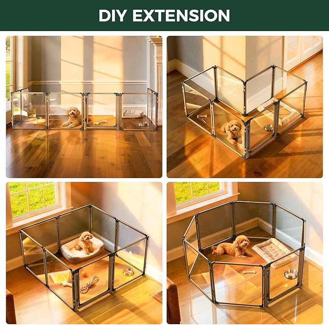 FXW AuraSpace Pro Metal & Acrylic Indoor Dog Playpen, All-Acrylic Clear Heavy-Duty Design, 24" Height 8 Panels for Puppies & Small Dogs, Walnut│Patented