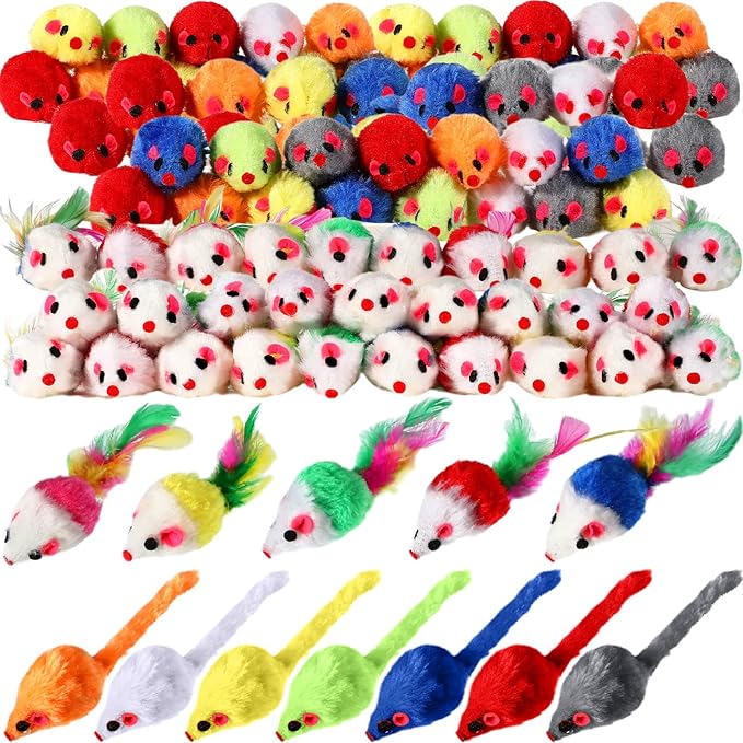 Syhood 120 Pcs Fur Mice Cat Toys Bulk for Indoor Cats Catnip Mouse Toys with Rattle Sound Rattle Mini Mice Pets Kitten Interactive Play Assorted Color