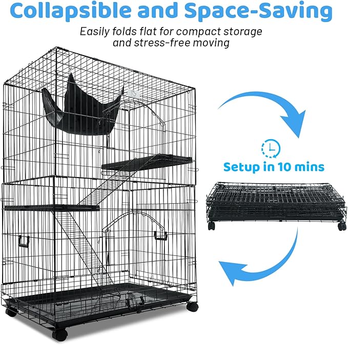 Homey Pet 51 Inch Cat Cages Indoor, 3-Tier Cat Crates for Indoor Cats, Collapsible Metal Wire Large Cat Kennel Big Multi-Level Kitten Crate with Wide Side Door, Plastic Platform, Ramp, 360° Wheel