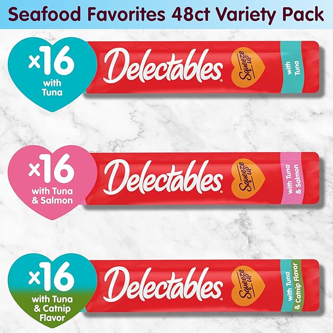 Delectables Squeeze Up Tuna Variety Pack, Creamy Squeezable Puree, Lickable Wet Cat Treats, Grain-Free, No Added Fillers, 0.5 Ounces Tube, 48 Tubes Total