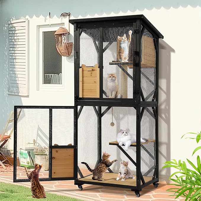 TITIMO 71" Catio Cat Enclosure Window, Large Outdoor/Indoor Cat House for Multiple Cats, Wooden Kitty Condo W/Waterproof Roof, Platforms, Resting Box, Scratching Post, Sisal Ball, Wheels (Black)