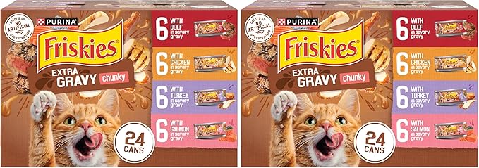Friskies Purina Extra Gravy Wet Cat Food Chunky Variety Pack (with Chicken,Turkey,Salmon,Beef) - 5.5 oz. Cans,(Pack of 48)