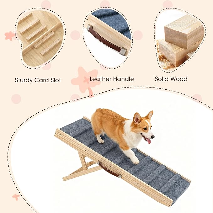 Dog Ramp for Bed, 35.4" Long Wooden Pet Ramp for Small & Large Dogs, 4 Adjustable Heights 11.8" to 22" with Anti-Slip Carpet & Carrying Handle Holds, Portable Dog ramps for Car, Bed, Couch, Outdoor