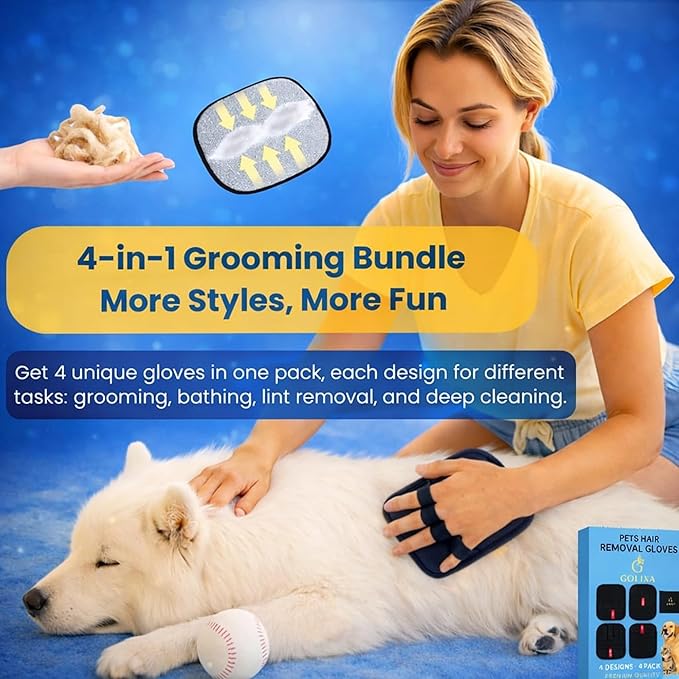 4 Pcs Pet Hair Removal Glove for Dogs & Cats, 4 Designs Electrostatic Magic Brush Pet Hair Remover, Reusable Dog Hair Remover, Washable Pet Grooming Tools for Carpet, Sofa, Clothes & Car Seats