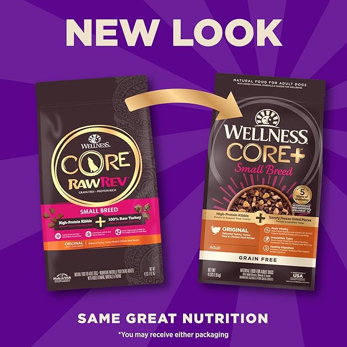 Wellness CORE+ Small Breed Adult Dry Dog Food with Freeze Dried Pieces, Grain Free Kibble+, Natural, High Protein, Turkey and Chicken Recipe, 4 lb Bag