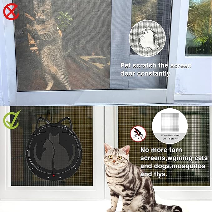 HIDROSIL Cat Door for Screen Door, Inside Openning 10x10x0.5 inch, Patent Desigh Pet Screen Door with Lockable Magnetic Flap for Doggy and Cat Door, Suitable 0-18lb Cats and Small Dogs, Black
