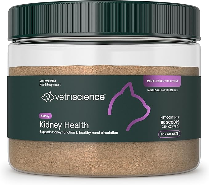VetriScience Kidney Health Powder, Renal Essentials Supplement for Cats, Kidney Care and Support with Mushroom, Astragalus Root, Nettle Seed and Herbs, Chicken & Cheese, 60 Scoops