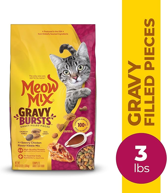 Meow Mix Gravy Bursts Dry Cat Food,Chicken,3 LB Bag,(Pack of 2)