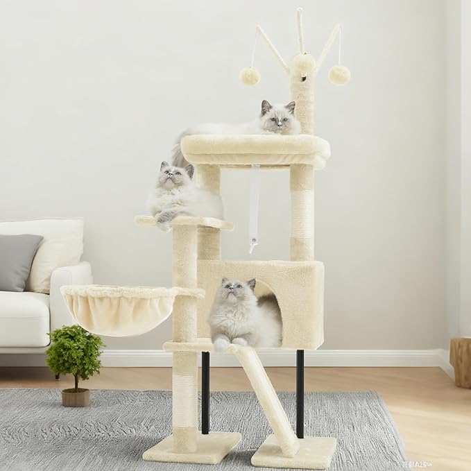 Cat Tree for Indoor Cats, Cat Tower with Scratching Post for Small Cats and Kittens, Cat House with Removable Top Platform and Fluffy Balls, Hanging Cat Basket, Beige GCT006SM