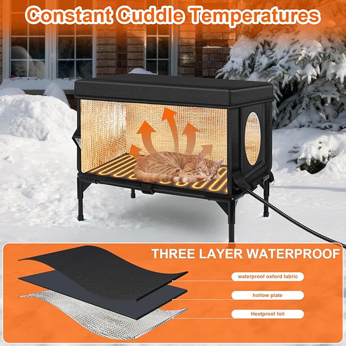 Heated Outdoor Cat House Weatherproof with Heating Pad, Heated Cats House for Outside, Insulated Feral Cat Houses for Outdoor Cats with Safe Escape Door, Elevated Outside Stray Cats Shelter(M)