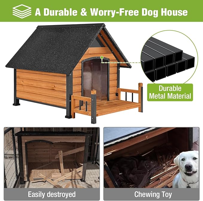 GUTINNEEN Outdoor Heated Dog House Anti-Bite Weatherproof Dog Kennel Puppy Shelter Indoor with Heating Pad, All-Around Insulated Liner and Porch for Large Breed, 45" D x 32.9" W x 32.6" H (Brown)