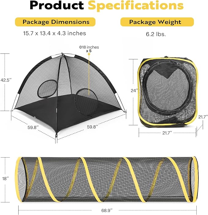VIVOHOME Outdoor Cat Enclosures 3-in-1 Portable Catio w/Large Cat Tent, Tunnel, Playhouse, 5 Piece Door, Cat Leash, Mint Ball for Rabbits, Dogs and Feline Friends to Explore in Yard, Balcony, Camping