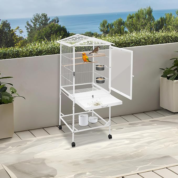 53.5 Inch Large Bird Cage Parakeet Cage with Wheels and Play Open Top Iron Bird Flight Cages for Parrot Lovebirds Finches Canaries Parakeets Cockatiels Budgie Parrotlet Conures (White, Type A)