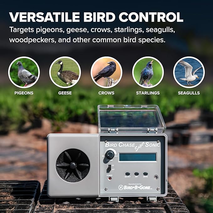 Bird B Gone - Bird Chase Super Sonic - Outdoor Sound Repellent - Scares Away Birds - Durable Weather Resistant Design - for Large Open Outside Spaces - Programmable Device - Up to 1 Acre Coverage