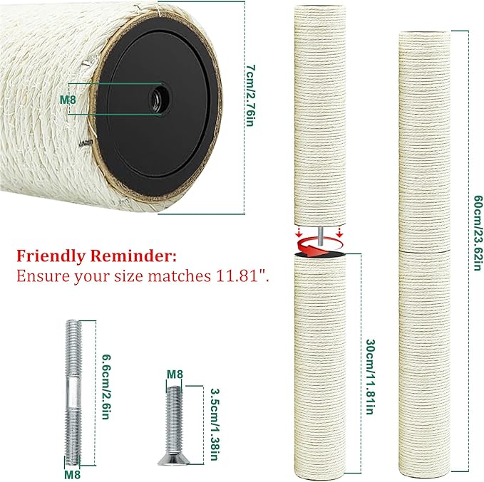 Cat Scratching Post Replacement Pole，4 PCS 11.81in Cat Tree Replacement Post，Natural Sisal Cat Tree Replacement Parts with M8 Screws，Cat Scratch Post Replacement for Refurbishment