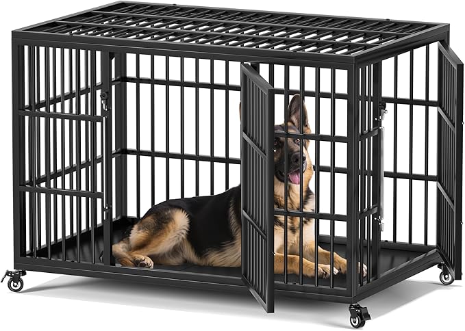 VERIFURTY 48 Inch Heavy Duty Dog Crate for Large Dogs with Self-Locking Latch, Escape-Proof Steel Kennel Indoor, XL Large Double Door Metal Pet Cage with Wheels