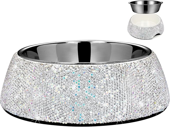 SlowVibes Bling Stainless Steel Dog Bowls,18oz Detachable Rhinestone Metal Food Water Bowl for Feeding Dogs Cats,Rust Resistant Non-Slip Puppy Dish,Sparkle Essentials for Small Medium Large Girl Pets