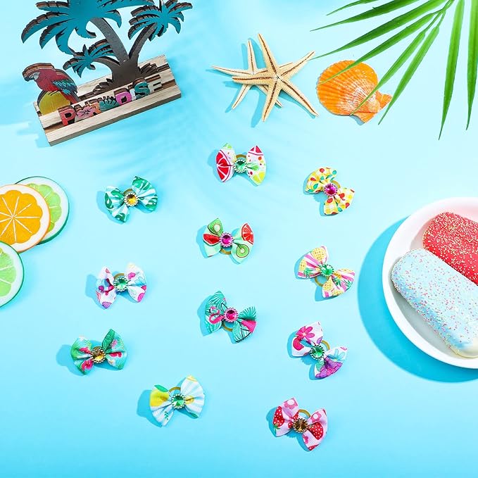 Sadnyy 240 Pcs Summer Spring Dog Hair Bows with Rubber Bands Rhinestone Grooming Dog Puppy Bows for Girls Boys Dogs Cute Ear Bows Dog Hair Accessories for Summer Holiday Pets Cats Dogs