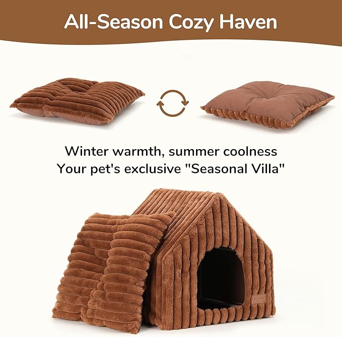 FUKUMARU Cat Houses for Indoor Cats, Washable Cute Cat Bed Cave with Removable Pillow, Large Semi-Enclosed Cozy Dog House Indoor, Soft Faux Rabbit Fur Kitten Bed, 17.5-Inch Durable Cat Hideaway, Brown