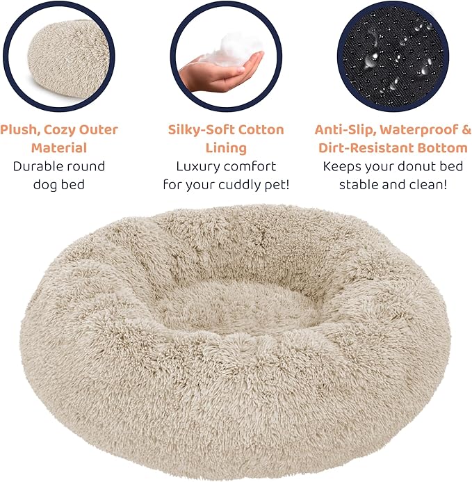 Donut Dog Bed - Premium Comfort for Anxiety Relief - Fluffy & Calming Design with Ultra-Plush Support | Cozy Round Dog Bed with Super Soft Circle Style (Beige, Large)