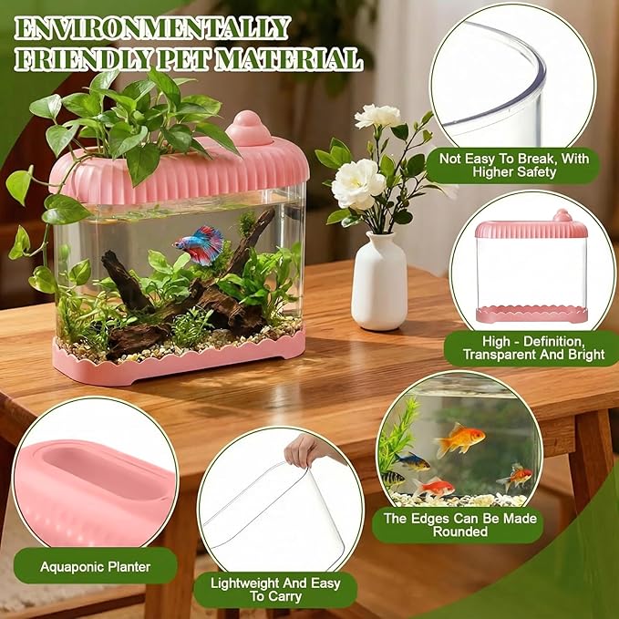 Geelin Pink 2.5 Gallon Plastic Aquaponic Betta Fish Tank Large Bowl Shatterproof Small Ecosystem Aquarium with Secure Buckle Lid, Clear Clarity for Terrarium, Flower Vase Betta Fish Tabletop Gifts