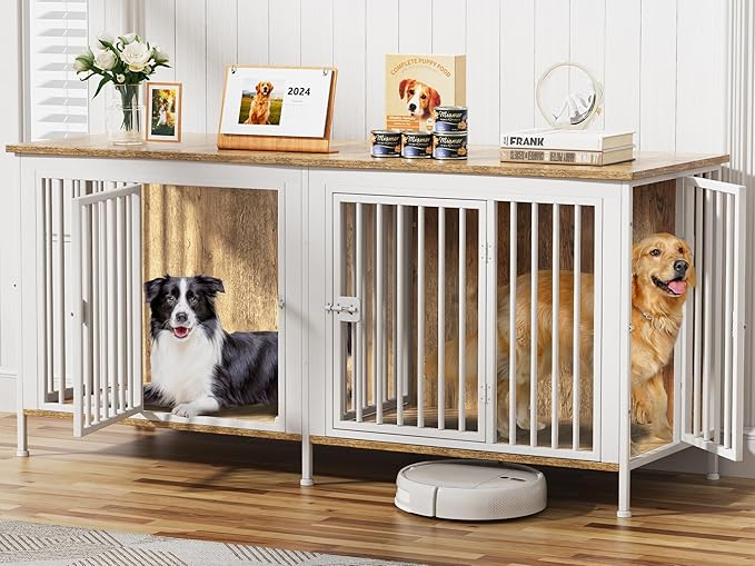 EasyCom Dog Crate Furniture for 1 or 2 Dogs, Heavy Duty Single/Double Dog Crates for Small/Medium/Large Dogs, Dog Kennel Furniture Indoor as TV Stand, Large Size 78.74" L(35-60 Pounds), White