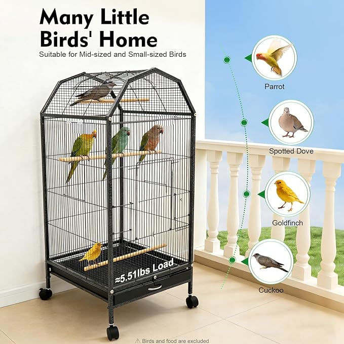 Large Bird Cage, Movable Pet Bird Flight Cages with 5 Doors Wheels, Panorama Bird Aviary Indoor with Stand 17.9x17.9x39.9in, Fit for a Canary, Finch, Cockatiels, Conures, Parrot, Lovebirds