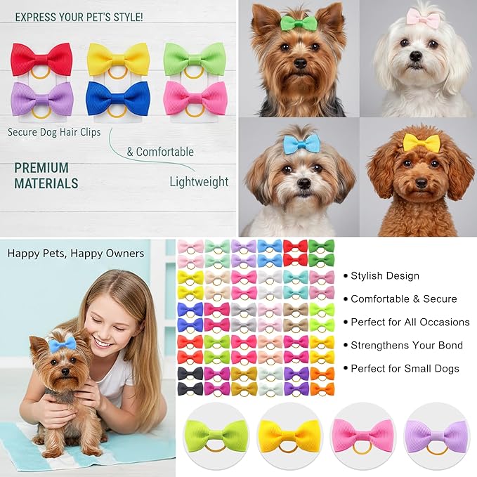 Puppy Dog Hair Bows: 2 inches with Rubber Bands Small Pet Grooming Girl Doggy Accessories 60pcs (30 Pairs)