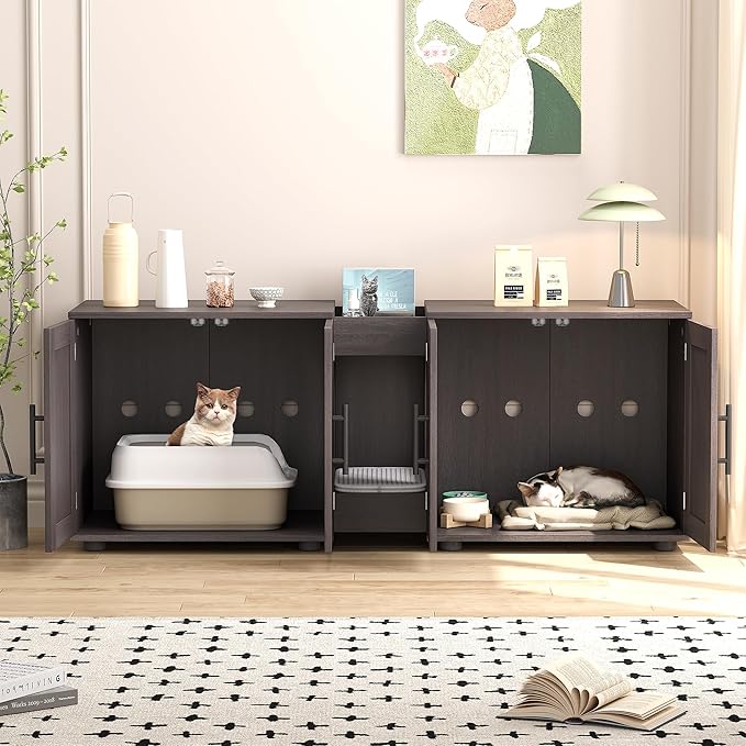 Garvee Cat Litter Box Enclosure for 2 Cats, 55" Hiddden Litter Box Enclosure Furniture 3-in-1 Wooden Litter Cabinet with Barn Door & Double Rooms for Bedroom Living Room,Walnut