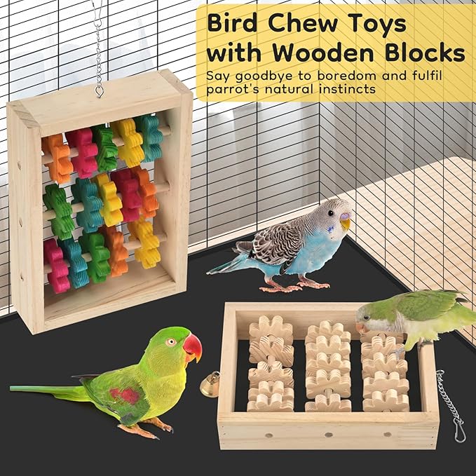 2Pcs Bird Toys for Parrots, Hanging Parrot Chew Toy, Natural Wooden Chewing Puzzle Training Blocks Intellectual Development for Parakeets Cokatiels Cockatoo African Grey Amazon Macaw
