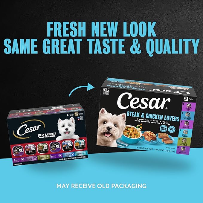 Cesar Wet Dog Food Steak and Chicken Lovers Variety Pack with Real Beef or Real Chicken, 3.5 oz. Easy Peel Trays, 36 Count (Pack of 1)