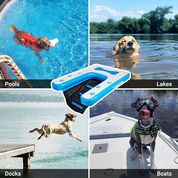 Inflatable Dog Boat Ramp 60"x40", Upgraded Pool Ramp for Dogs, Supports Up to 230 lbs, Stable & Durable Non-Slip Surface, Ideal for Pools, Lakes & Beaches