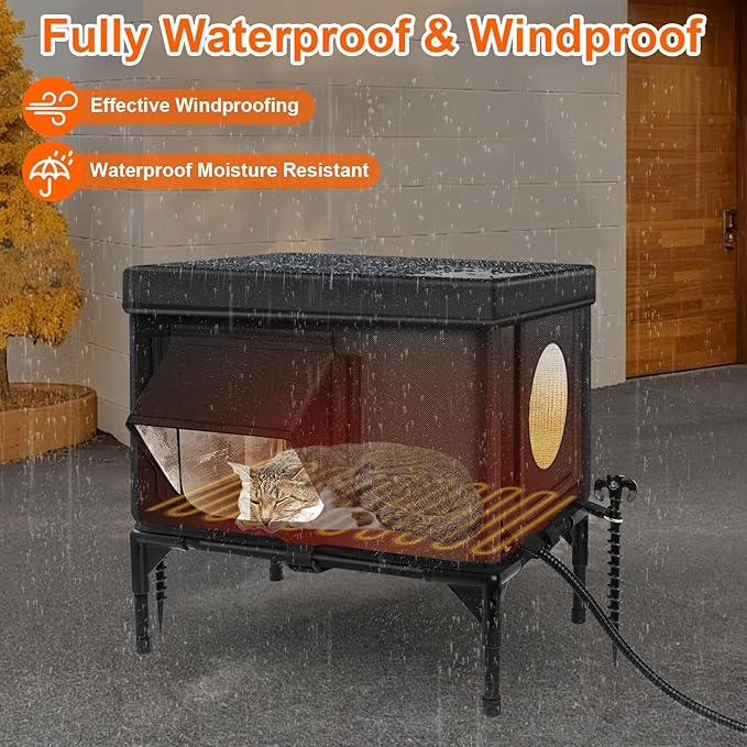 Heated Outdoor Cat House Weatherproof with Heating Pad, Heated Cats House for Outside, Insulated Feral Cat Houses for Outdoor Cats with Safe Escape Door, Elevated Outside Stray Cats Shelter(S)