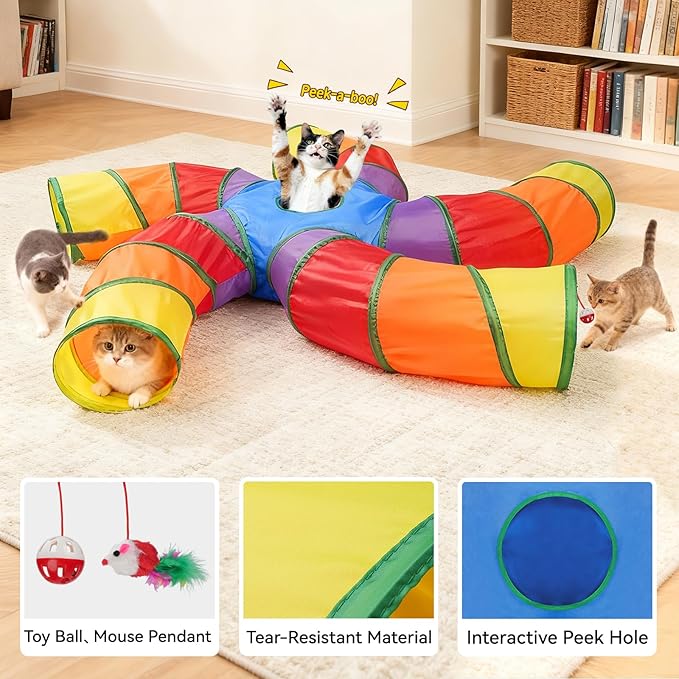 Joytale 5-Way Cat Tunnels for Indoor Cats, Pet Tube Toy with Play Ball and Toy Mouse, S-Shape Collapsible Tunnel with Interactive Hole for Kitty, Kitten, Rabbit, Puppy (Rainbow)