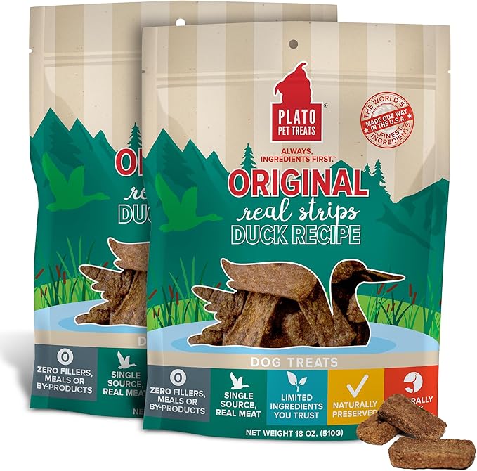 PLATO Pet Treats Real Strips - Air-Dried Meat Bars for Dogs - Delicious, Limited Ingredient Dog Treats - Grain Free Dog Treats - Original Real Strips Duck 18oz - 2 Pack