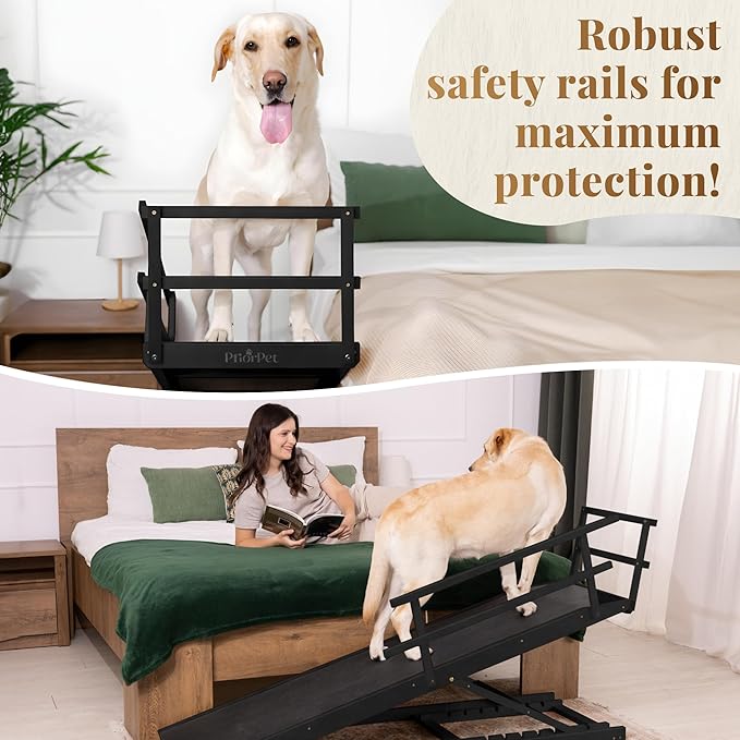 Dog Ramp for Bed with Safety Rails for High Beds up to 37" – Extra Wide 19.5" Adjustable Dog Bed Ramp for Large Dogs up to 200 lbs – Solid Birchwood, Non-Slip Rubber Surface, Foldable Design – Black