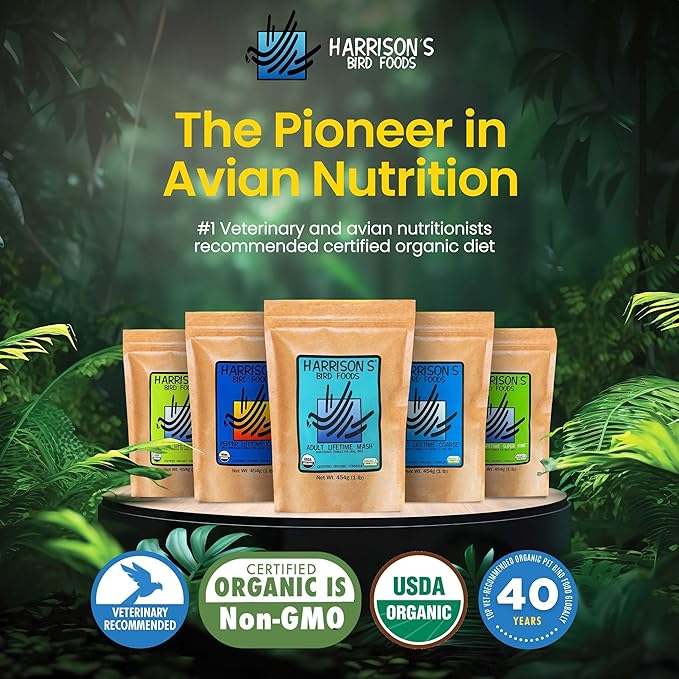 Harrison's Bird Foods Adult Lifetime Mash- Certified Organic, Non-GMO, Maintenance Formula for Healthy Birds, Minimally Processed Powdered Food for Parrots, Conures, Budgies, Lovebirds etc 454g / 1lb