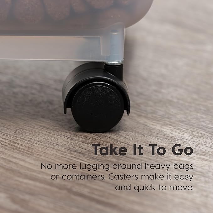 IRIS USA Dog Food Storage Container 58 lbs, Attachable Wheels, for Dog Cat Birds and other Pets, Food Storage Bin, Keep Fresh, Easy Mobility, BPA Free - Made in the USA, Almond/Clear