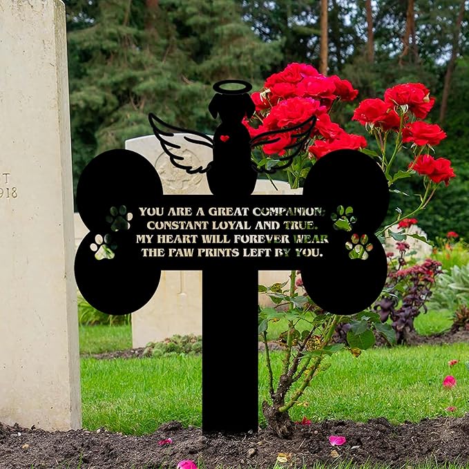 Dog Grave Marker Angel Cross – Pet Remembrance Gift for Loss of Dog, Weatherproof Metal Headstone for Yard, Garden or Indoor Memorial, 12in Sympathy Tribute Sign