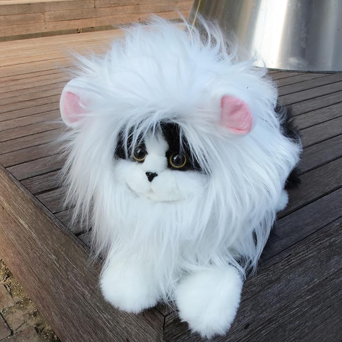 Lion Mane Wig for Cat,Dog and Cat Costume,Funny Pet Cat Costumes for Halloween Christmas, Parties, Photo Shoots (Size M, White with Pink)