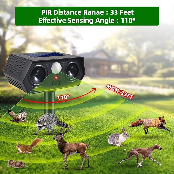 Solar Ultrasonic Animal Repellent Outdoor, 4Pack Solar Deer Deterrent Devices with PIR Motion Sensor, Ultrasonic Cat Repellent to Scare Squirre Rabbit Skunk Dog Raccoon Armadillos for Lawn Yard